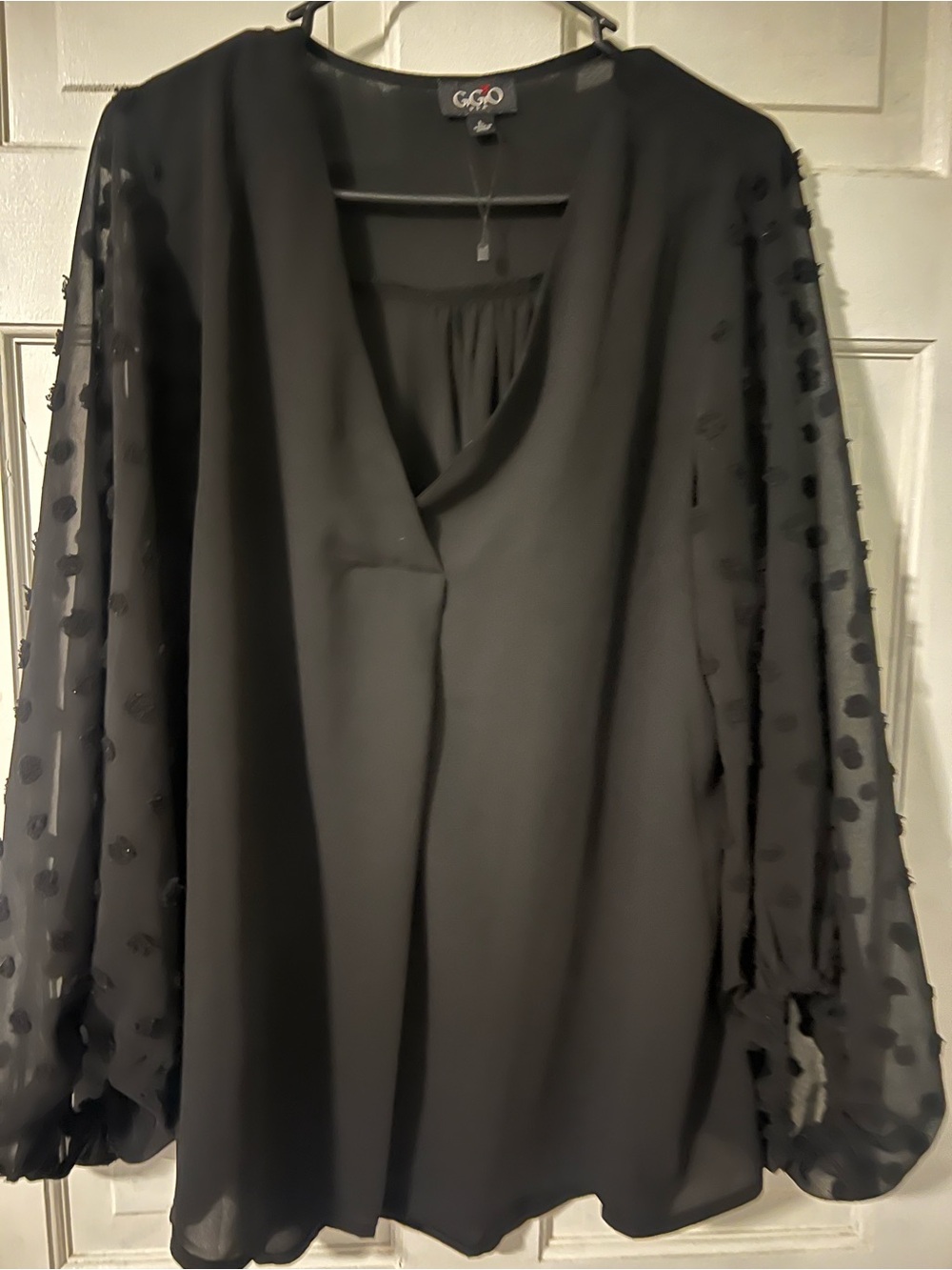 G&O Black Chiffon Blouse with Sheer Polka Dot Sleeves